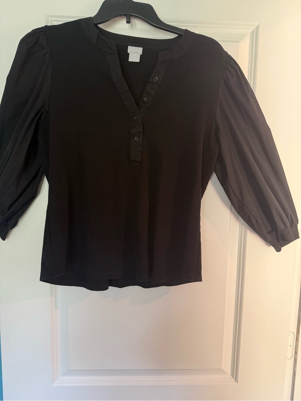 Chico's Black Puff-Sleeve Henley Blouse